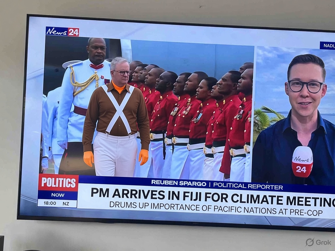 Goalkickingguru's tweet photo. Our Pm dresses as a Oompa Loompa  when asked to inspect Fijian troops. https://t.co/TWF4Z1tYxR