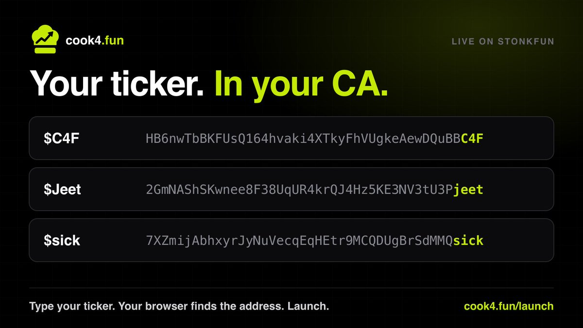 cook4funSF's tweet photo. Your ticker. In your CA.

$C4F, $Jeet and $sick did it on StonkFun this week.

Who's next? 🍳 https://t.co/X5BfwzM5W5 https://t.co/jWvqTUaUfS