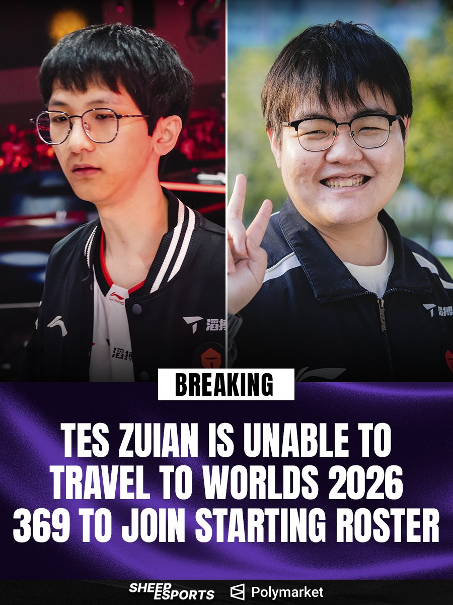 Sheep_Esports's tweet photo. [BREAKING] TES ZUIAN 🇨🇳 will Miss Worlds 2026 due to visa issues. He cannot travel to the tournament after failing two visa interviews

369 🇨🇳 will join the starting lineup for now

ZUIAN and the team are actively striving to secure a third interview opportunity.

Via TES on Weibo