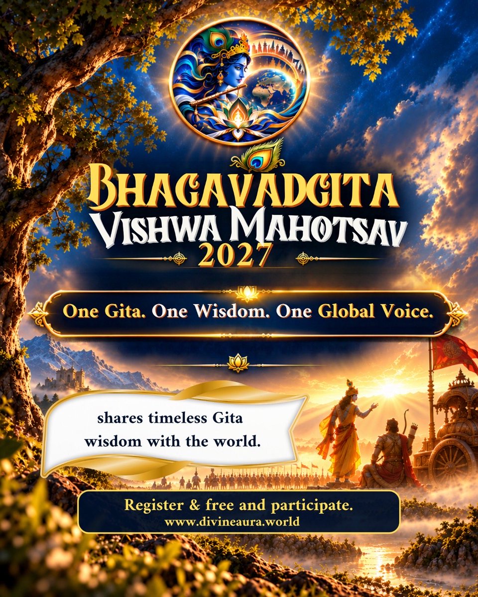 divineauraworld's tweet photo. Bhagavad Gita Vishwa Mahotsav 2027 brings the world together through timeless Gita wisdom. One Gita. One Wisdom. One Global Voice. Register free and participate.
#BGVM2027 #BhagavadGita #GitaMahotsav #SpiritualUnity #DivineAura https://t.co/uqek9yzy5a