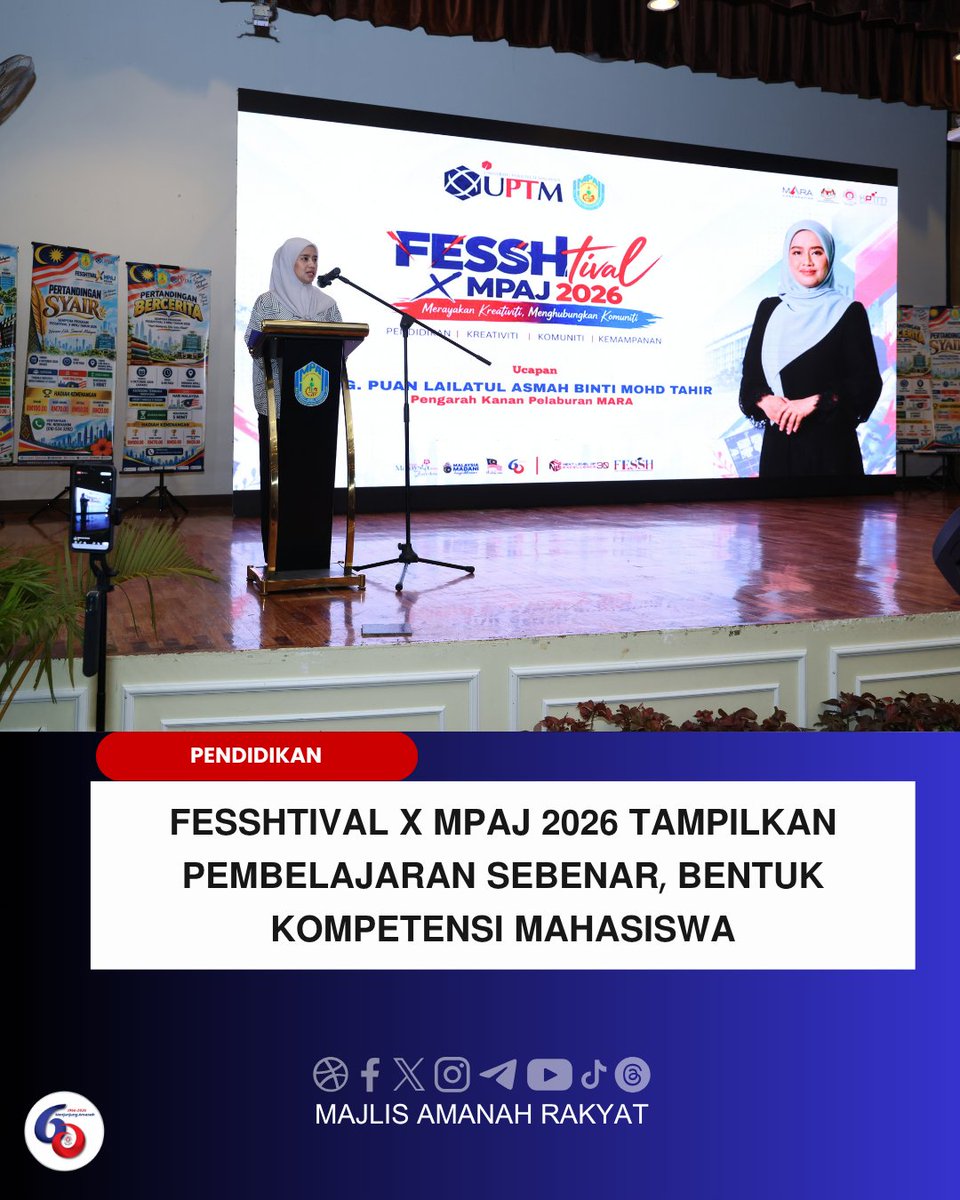 maragov's tweet photo. 𝗣𝗘𝗡𝗗𝗜𝗗𝗜𝗞𝗔𝗡 | Dari bilik kuliah ke dunia sebenar.
FESSHtival x MPAJ 2026 membuktikan mahasiswa belajar paling bermakna apabila mereka diberi peluang untuk merancang, mengurus dan menjayakan sendiri sesuatu program.

Lebih 1,000 mahasiswa UPTM turun padang mengasah kepimpinan, komunikasi, kerja berpasukan, kreativiti dan kemahiran mengurus melalui pelbagai aktiviti bersama komuniti sepanjang 11 hari festival.

Bukan sekadar belajar. Bukan sekadar beraktiviti. Tetapi membina kompetensi yang dibawa terus ke alam pekerjaan.

Berita penuh di ruangan komen.

#WeAreGenMARA #MerakyatkanMARA #R.I.S.E #AmanahRakyat #SocioEngineeringDevelopment #AkuKasihMalaysia #HidupBiarBerjasa #MalaysiaMadani #UnifiedEntity #60TahunMARA #MenjunjungAmanah