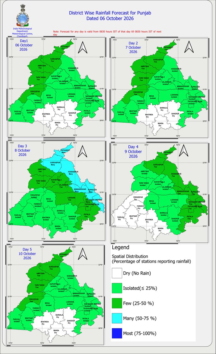 IMD_Chandigarh's tweet photo. WEATHER WARNING AND RAINFALL MAP #PUNJAB   #HARYANA DATED 06-10-2026 https://t.co/Tl1YwX9VCc
