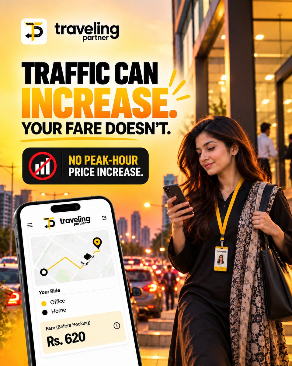 TravelPartnerHQ's tweet photo. Work finished at 5:30 but everyone else had the same idea?

Busy roads don't mean an added peak-hour price increase with Traveling Partner.

Download the app and book your next ride:
https://t.co/1u69ZwR8wX

#TravelingPartner #PeakHour #RideBooking #DailyCommute #PakistanRides https://t.co/mAWpmDlyyH