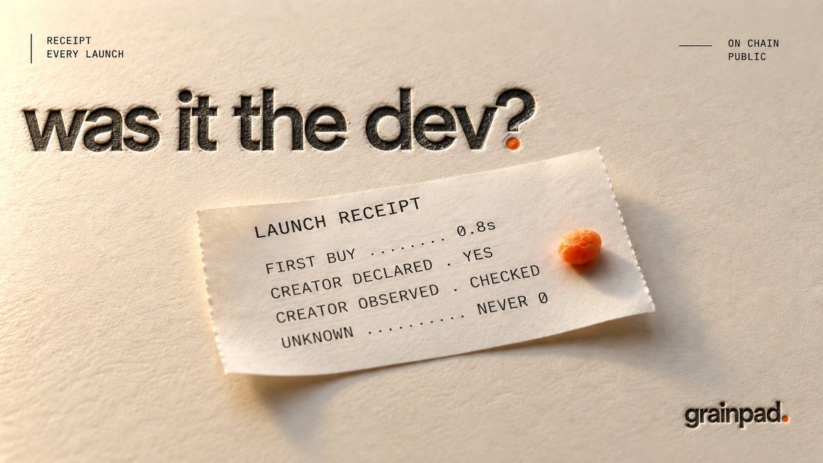 GrainXMR's tweet photo. "who bought first, and was it the dev?"

on our test token, the receipt answers it:

23 wallets bought in the first 56 seconds.
22 of them had sold everything within 4m 35s.
the dev's first buy came 5h 8m after launch.

see for yourself (test token, not solana:FCN2KLyUGT9EddKf8MZYjPce8CWxUid7nWpAx9ograin):
https://t.co/BWddfU0fio

every grainpad launch gets that page. one link, before you ape.

nobody from grainpad will dm you first.