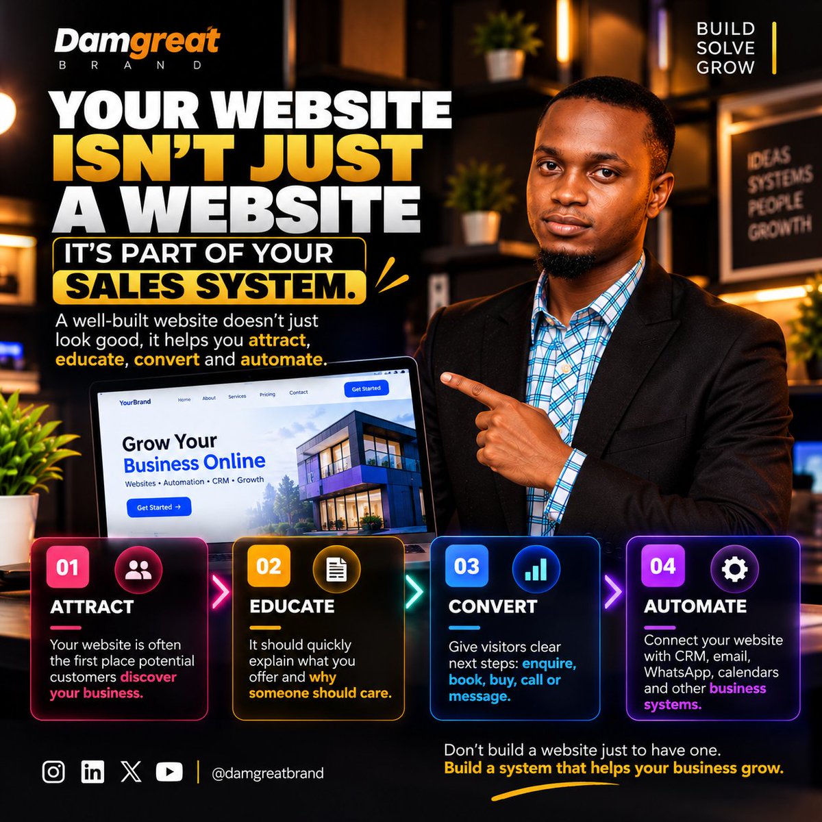 damgreatbrand's tweet photo. Your website isn't just a website.

It should:

→ Attract
→ Educate
→ Convert
→ Automate
Don't build a website just to have one.
Build a system that helps your business grow.
#DamgreatBrand #WebDevelopment #BusinessGrowth #premierleaguenaespn https://t.co/9bxJvptGP6