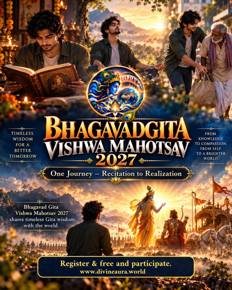 divineauraworld's tweet photo. Bhagavad Gita Vishwa Mahotsav 2027: One Journey from Recitation to Realization. Discover timeless Gita wisdom and be part of a global spiritual celebration.
#BGVM2027 #BhagavadGita #GitaMahotsav #SpiritualUnity #GitaWisdom https://t.co/lFNvynUZbu