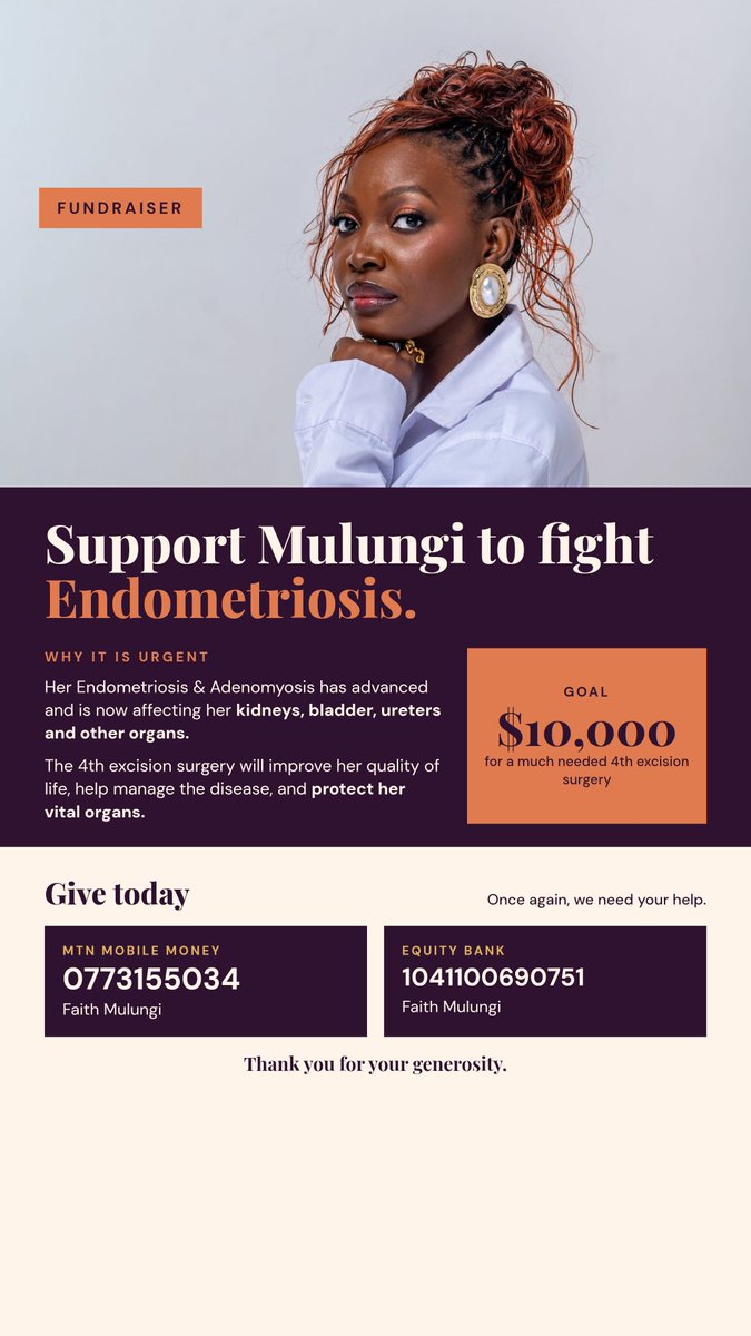 ImaniMulungi's tweet photo. Hey everyone, I hope you're okay. 
I need your help once again. Been in &amp; out of hospital for some months now, after a number of tests, it's been found that I need a 4th Endometriosis surgery if I am to save my kidneys, bladder, uterers etc. 

The target is $10k/UGX 40 million https://t.co/c5yEU2I1WW