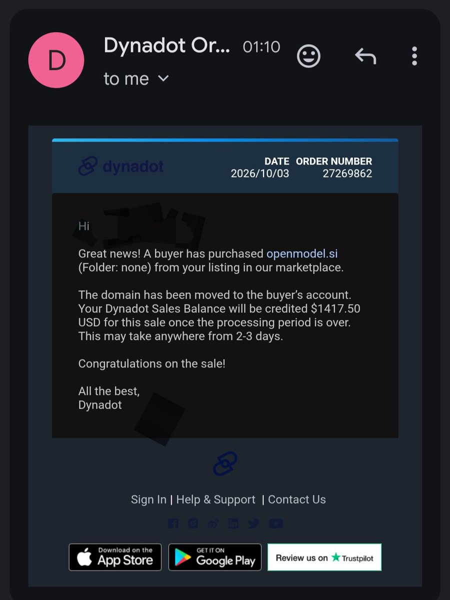 Dnmedox17's tweet photo. Alhamdulillah 🙌
Just closed my first 4-fig domain sale: openmodel•si for $1,575

I know I left a lot of money on the table, but it was necessary for cashflow and to reinvest more.

Huge thanks to @kasmiyouness1 & @KehelAyyoub for introducing me to this field, and to @Aladey for the daily insights 🔥
