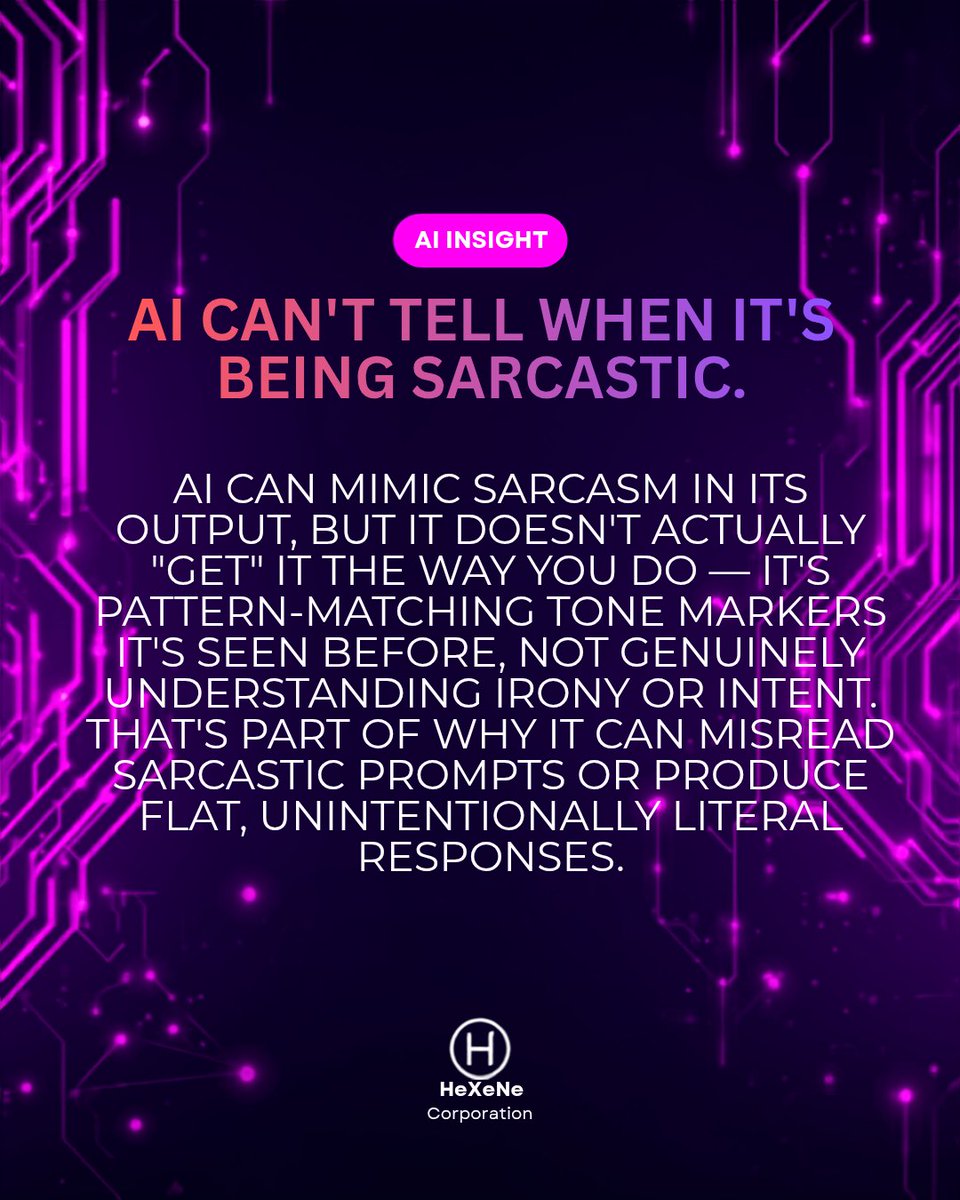 hexenecorporate's tweet photo. Ever get a weirdly literal response from AI to an obviously sarcastic message? 😂 It's not missing the joke on purpose — it's pattern-matching tone, not actually understanding irony. Has this happened to you? #AIfacts #techeducation #buildinpublic #AIexplained https://t.co/xWYMw64eOn
