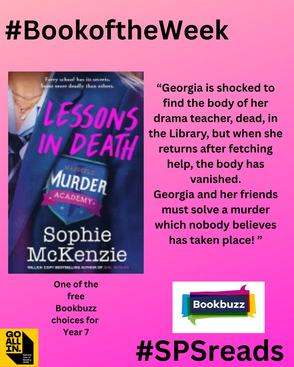 LibrarySps's tweet photo. #BookoftheWeek is this brilliant thriller from the Queen of teen thrillers, Sophie McKenzie. 'Lessons in Death' is the first in the new 'Murder Academy' series and also one of the free @Booktrust #myBookbuzz books for Year 7.
#SPSreads #MurderAcademy @Go_All_In_2026 https://t.co/g366cnxVz0