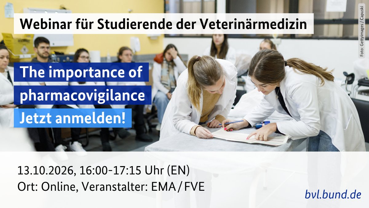 BVL_Bund's tweet photo. 👩‍⚕️��� Veterinärmedizin-Studierende aufgepasst!

Die Europäische Arzneimittel-Agentur (EMA) und der Verband Europäischer Tierärzte (FVE) laden zum Webinar:

"The importance of pharmacovigilance" 
13.10.2026, 16:00-17:15 Uhr (EN)
👉 Jetzt anmelden: https://t.co/yD7bklmS0y https://t.co/4wJcAlBZIu