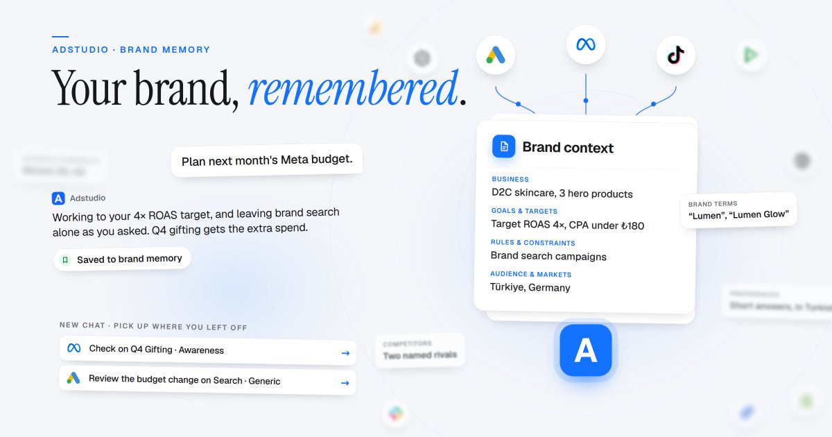 useadstudio's tweet photo. Introducing Brand Memory in Adstudio 🧠

Your AI assistant now remembers your brand: targets, rules, markets, brand terms.

Tell it once. Every chat after starts with it. https://t.co/Uvqu16qmiw