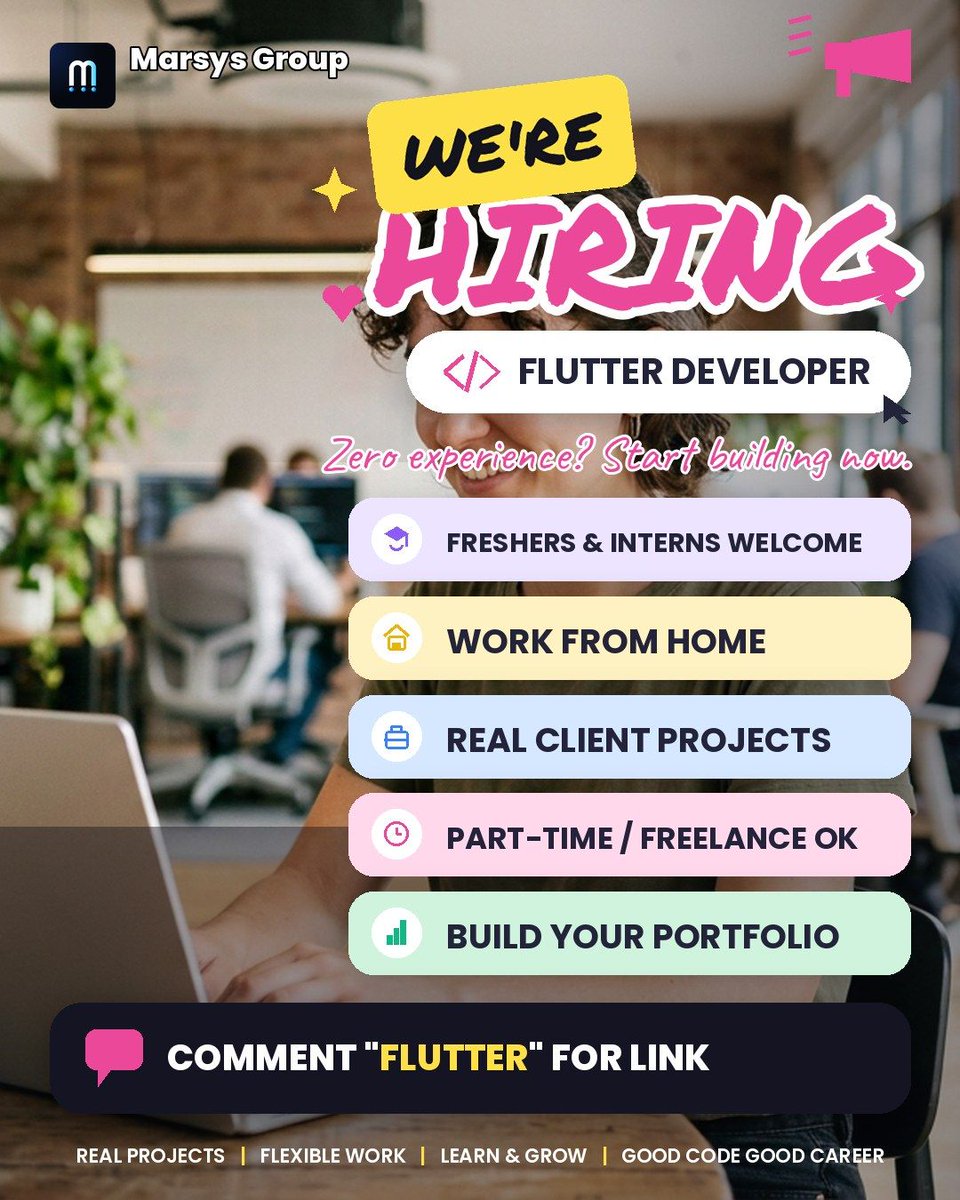 marsysgroup's tweet photo. Zero experience? No problem. We're hiring Flutter Developers for real client projects (Freshers &amp; interns welcome, WFH &amp; part-time OK!). Build your portfolio with us. Apply now by emailing contact@marsysgroup.com. https://t.co/1RRZB6OwCc