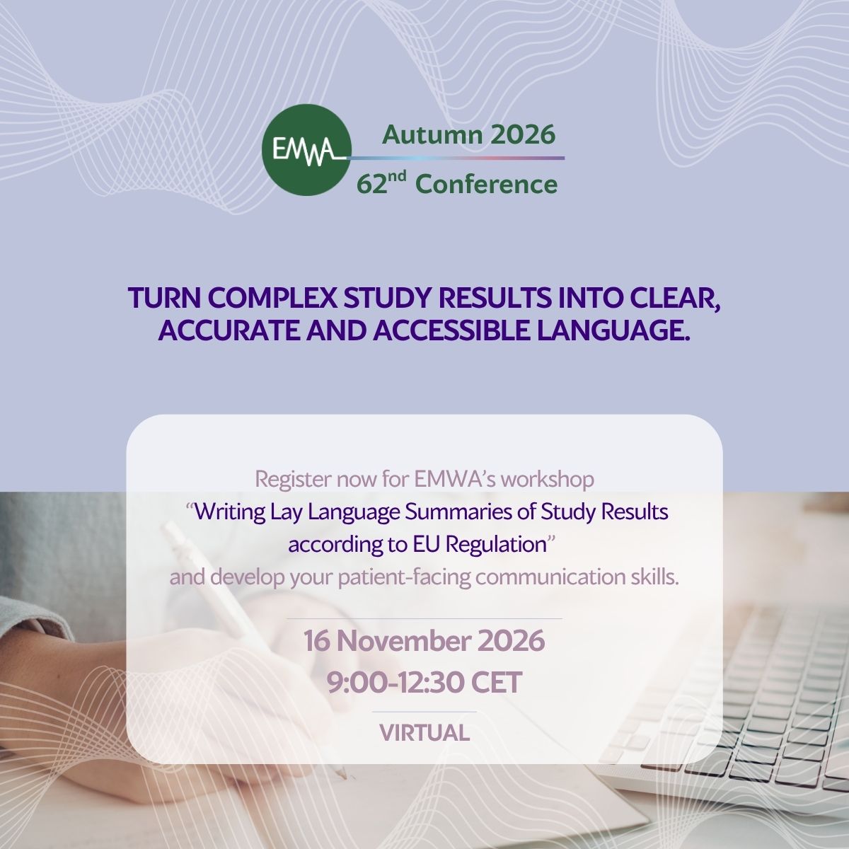 EMWA1989_'s tweet photo. Patients deserve information they can understand.

Explore lay language summaries and patient communication at the EMWA Autumn 2026 Virtual Conference, 9–21 November.

Book your session: https://t.co/SEcj5EfWeQ https://t.co/DwHCN0A049