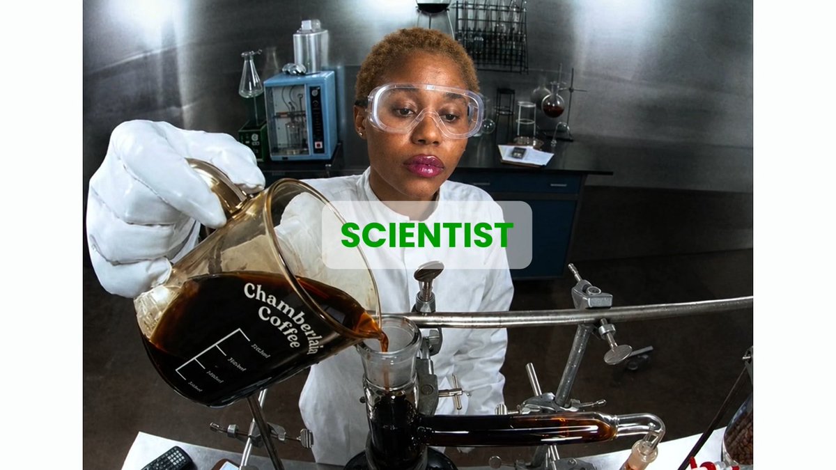 A scientist in a lab coat and safety goggles pours dark liquid from a beaker labeled 'Chamberlain Coffee' through a filtration apparatus. Text overlay reads 'SCIENTIST'.