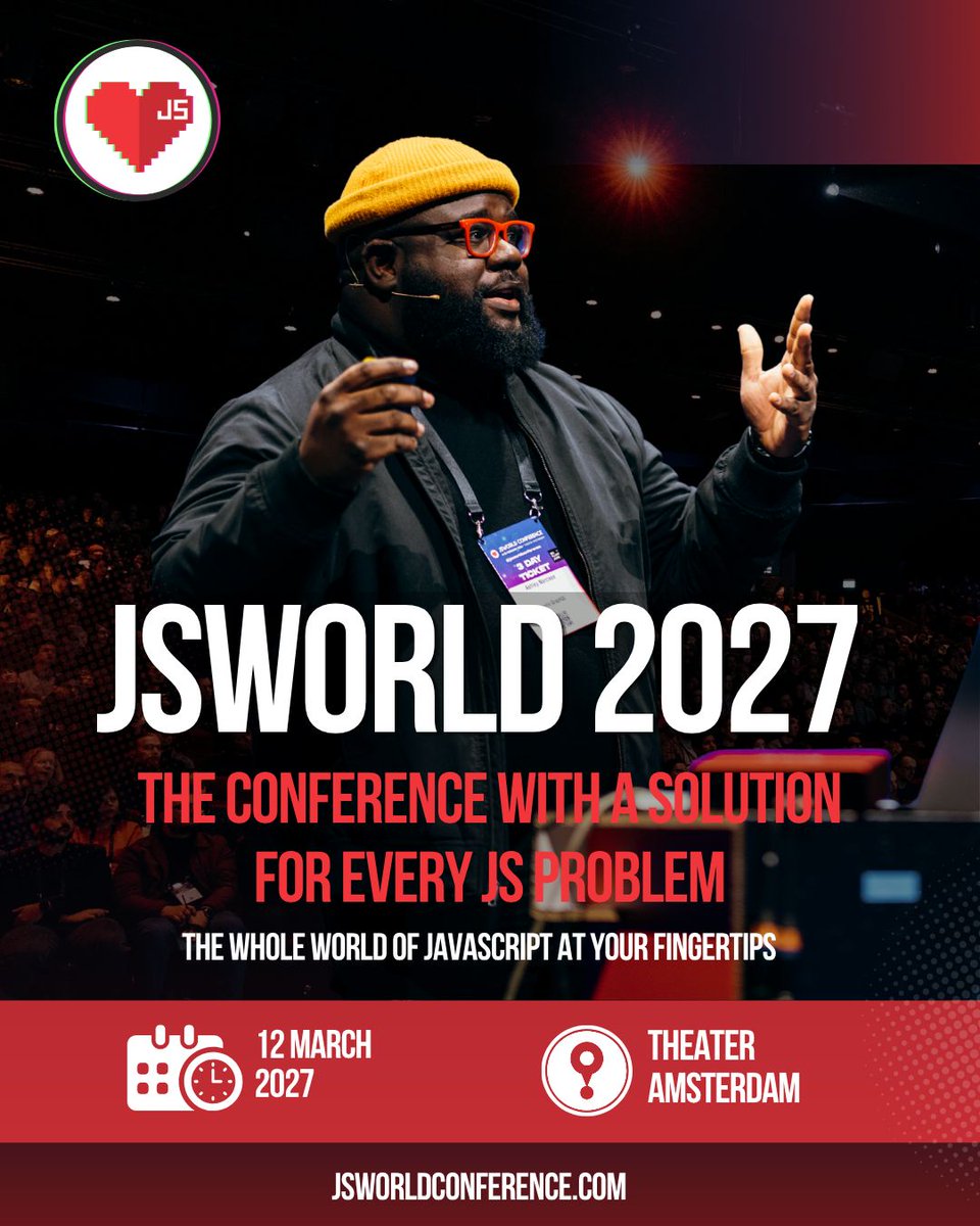 JSworldconf's tweet photo. JSWorld is officially here. 

One day of JavaScript, one day of the future, and one day of asking what's next.

Join us for a very special 10th celebration at the Theater Amsterdam, where we look to the past to figure out what's ahead.

We're so excited to share with you all an incredibly special edition, that is sure to surprise not only ourselves but you as well.

And if you need any more reason to get hyped just look at some of the highlighted speakers at this years edition:

Evan You (@evanyou) - the creator of Vue & Vite

Tim Neutkens (@timneutkens) - Next.js Lead

Matteo Collina (@matteocollina) - Co-founder & CTO at Platformatic and Node.js TSC member

Aurora Scharff (@aurorascharff) - DX, Docs & Education at Next.js 

And many many more...

Can't wait to see you there.

And if you're eager to know more visit https://t.co/kRirwrCaVm 

(Speaker in this post is Ashley Narcisse (@_darkfadr) in their 2023 talk 'The Root of Auth Thingz')