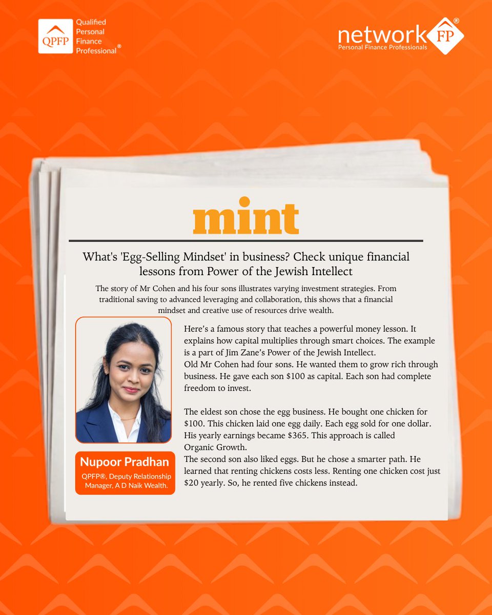 networkfp's tweet photo. QPFP® in Mint! 👏Nupoor Pradhan on the "Egg-Selling Mindset", how same capital = different outcomes based on reinvestment &amp; cash flow thinking.

Simple story. Big lesson.

Read: https://t.co/Wj4Y8juMls

#NetworkFP #QPFP #Finance #PersonalFinance https://t.co/D1Hckh8EGH
