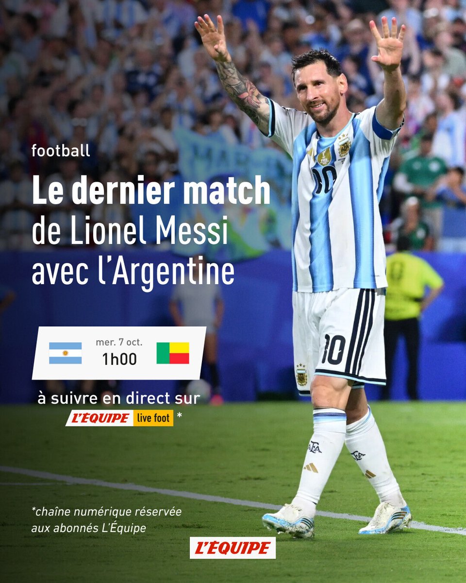 lequipe's tweet photo. Cette nuit, Lionel Messi va faire ses adieux à l'Albiceleste, �� Buenos Aires

Argentine - Bénin : à suivre en direct sur L'Équipe live foot à 1h00 #lequipeFOOT https://t.co/mojqy29rMw