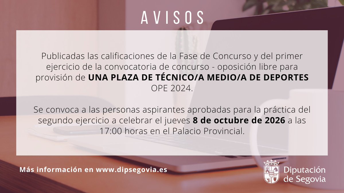 DipuSG's tweet photo. ⚠️ #Aviso | Calificaciones de la Fase de Concurso y del primer ejercicio y fecha del segundo de la convocatoria de UNA PLAZA DE TÉCNICO/A MEDIO/A DE DEPORTES

https://t.co/MLcrNpExAG https://t.co/yKcbT2cxTd