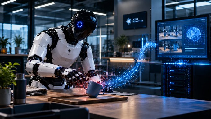 A futuristic scene of a humanoid robot in a laboratory pouring liquid into a mug, with an 'AXIS ROBOTICS' screen showing an AI brain visualization.