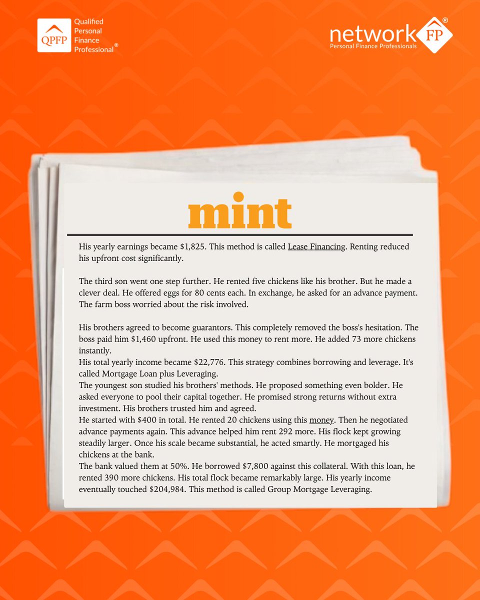 networkfp's tweet photo. QPFP® in Mint! 👏Nupoor Pradhan on the "Egg-Selling Mindset", how same capital = different outcomes based on reinvestment &amp; cash flow thinking.

Simple story. Big lesson.

Read: https://t.co/Wj4Y8juMls

#NetworkFP #QPFP #Finance #PersonalFinance https://t.co/D1Hckh8EGH