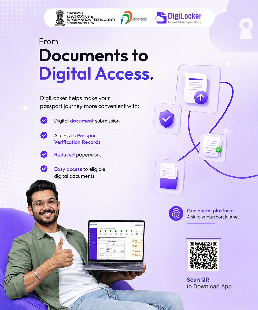 NeGD_GoI's tweet photo. From documents to digital access — make your passport journey simpler with DigiLocker. 📲✨
Access eligible digital documents, reduce paperwork, and move ahead with greater convenience.
#DigiLocker #DigitalIndia #PassportServices #PaperlessGovernance https://t.co/6W71EQ6Szm