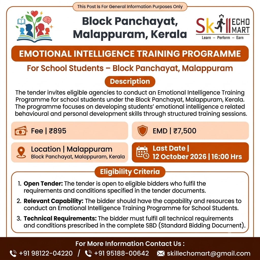 SkillEchoMart's tweet photo. Live Tender Alert: Block Panchayat, Malappuram, Kerala | Last Date: 12-10-2026, 4:00 PM
#GovernmentTender #KeralaTender #TenderAlert #EmotionalIntelligence #EmotionalIntelligenceTraining https://t.co/w20WD6LBI7