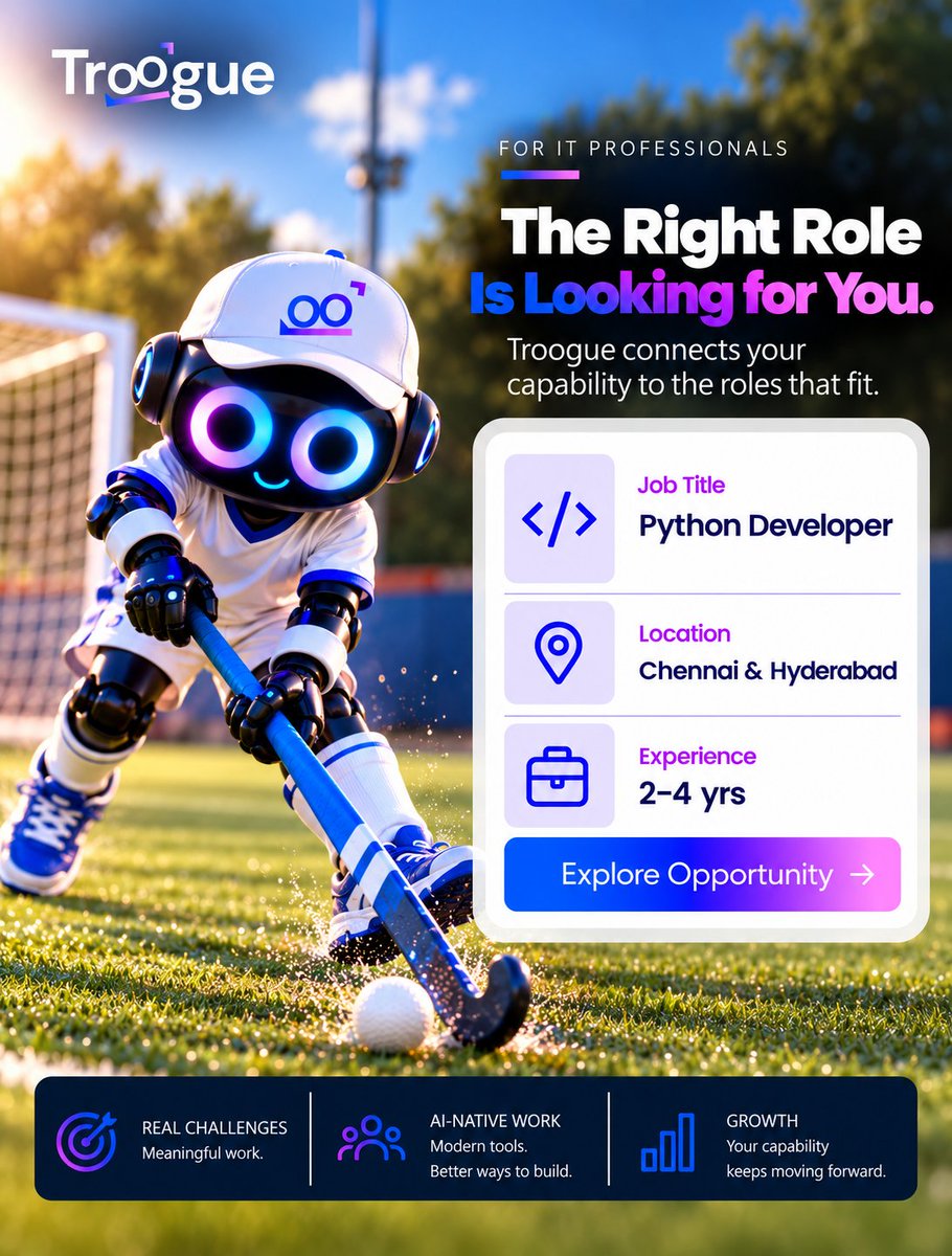 troogue's tweet photo. 🚀 Our Enterprises are hiring!

📌 Python Developer in Chennai &amp; Hyderabad.
💼 2 to 4 years of experience.

Come build real products with modern AI-native tools.

👉 Apply https://t.co/IKXpcD0nF5

#Python #PythonDeveloper #Troogue https://t.co/7nHLogbOiT