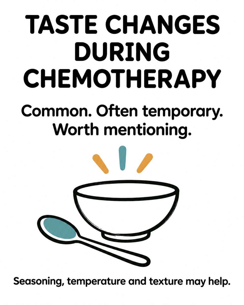 CancerParcel's tweet photo. Food can taste metallic, bland or different during chemotherapy. Taste changes are common, often temporary, and worth mentioning to your care team: small changes to seasoning, temperature and texture can make eating easier. #CancerSupport https://t.co/iXvDxBkk4H
