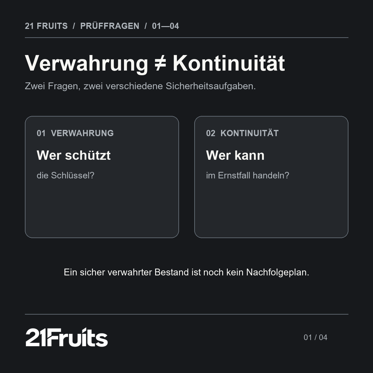 21FruitsBitcoin's tweet photo. Ein Bitcoin-Bestand kann sicher verwahrt sein und für die Familie trotzdem unerreichbar werden.

Schlüsselsicherheit beantwortet: Wer schützt die Mittel vor unbefugtem Zugriff? Kontinuität beantwortet eine andere Frage: Wer darf handeln, wenn die bisher zuständige Person ausfällt — und kann diese Person den vorgesehenen Weg tatsächlich nutzen?

Bei Fremdverwahrung gehören Mandat, Berechtigungen und Nachweise dazu. Bei Selbstverwahrung gehören Wallet-Setup, nicht geheime Anweisungen und ein geprüfter Wiederherstellungsweg dazu.

Ein Nachfolgeplan muss beide Fragen beantworten. Ein sicherer Aufbewahrungsort allein tut das nicht.