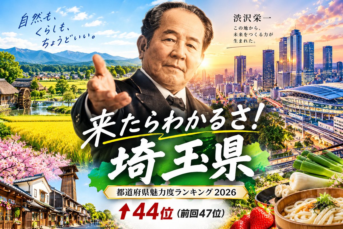 metiris_ai's tweet photo. 【都道府県魅力度ランキング2026】 
今年は3ランクアップしたそうです！
下がらなくてよかった？！🫣 
せっかくなので画像を作りました〜✨

プロンプトはリプライに入れますのでご自由にお使いください！

#埼玉県 #都道府県魅力度ランキング #ランキング https://t.co/peHZVx9ZYx