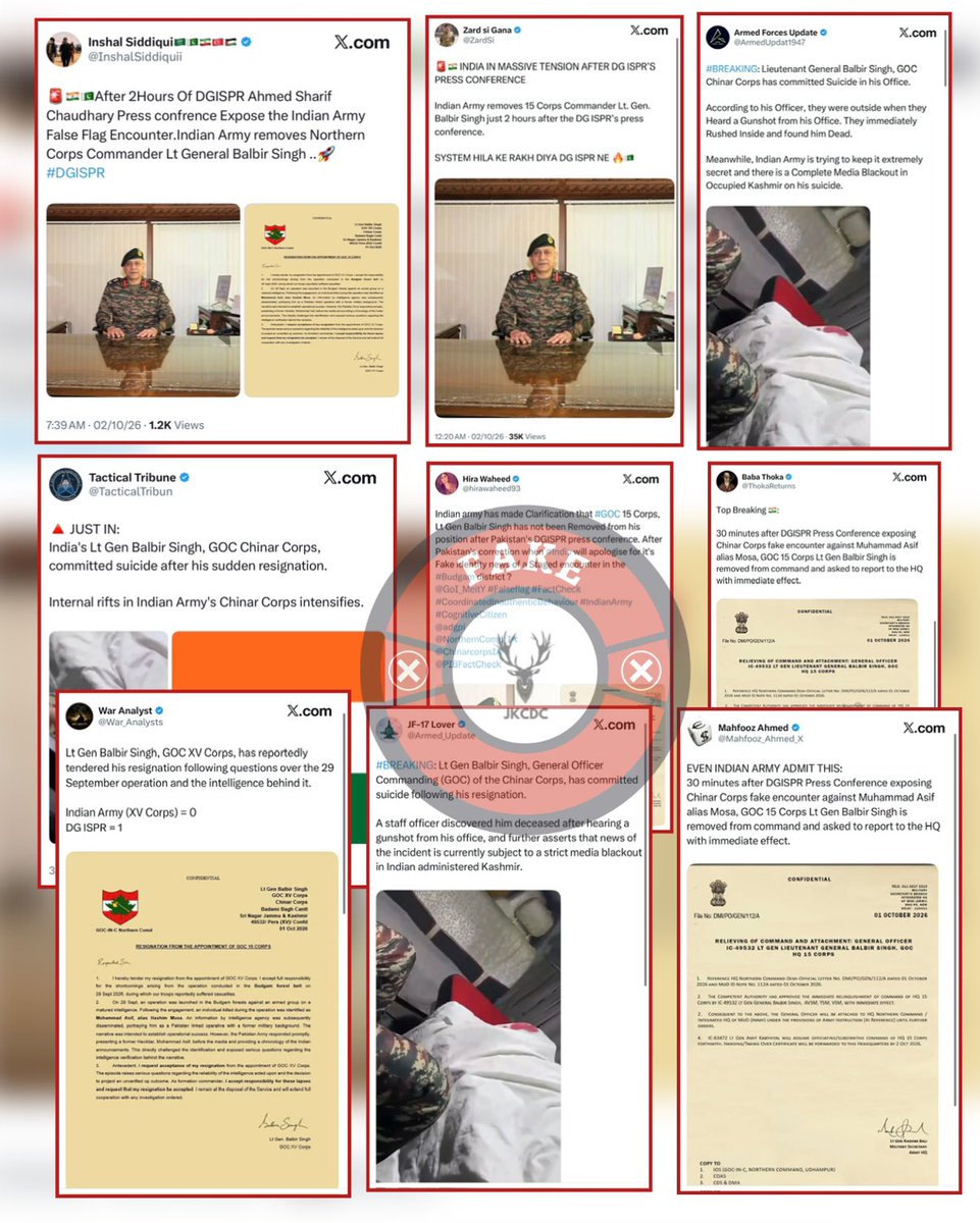 JKCDC_'s tweet photo. Fake News Alert 🚨

Pakistan-based propaganda accounts are circulating a fabricated document claiming that the #Kashmir-based GOC 15 Corps @ChinarcorpsIA has been removed from command, while several accounts are also falsely claiming that he tendered his resignation following Pakistan DG ISPR’s press conference.

#Fact: These claims are completely false and fabricated. The document being circulated is also FAKE. (1/2)