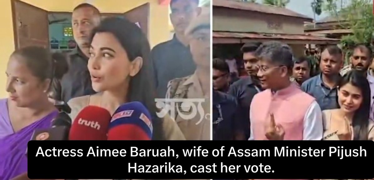 TawangBuzz's tweet photo. Actress Aimee Baruah, wife of Assam Minister Pijush Hazarika, cast her vote in Jagiroad today, participating in the democratic process. 🗳️🇮🇳 #Assam #Jagiroad #AssamNews #Election2026 https://t.co/zttSl1Z4PF