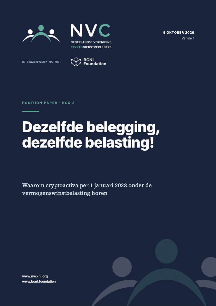 NVC_crypto's tweet photo. Dezelfde belegging, dezelfde belasting! 🇳🇱

Het kabinet wil box 3 per 2028 belasten op werkelijk rendement, maar crypto pas in 2030. Wij vinden: crypto kan en moet direct mee!

Lees ons paper hier: https://t.co/cDh1ckpQu6

Deel, reageer en tag belanghebbenden.
#box3 #crypto https://t.co/Q7TKPDTgKa
