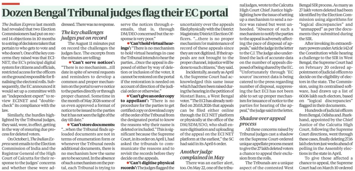 SalmanSoz's tweet photo. This is outrageous!

According to this @IndianExpress report:

The Supreme Court created tribunals to protect voters wrongly deleted during West Bengal SIR.

The Election Commission provided a portal that judges say couldn't serve notices, couldn't hold virtual hearings, couldn't upload documents and couldn't even restore a voter after a Tribunal ordered restoration.

27.16 lakh voters were deleted. 38.31 lakh appeals (16.1 lakh by the ECI against inclusions). The judges themselves say the EC's system was obstructing the appeal process.

First you delete the voter. Then you make it difficult for the voter to get justice.

What kind of Election Commission runs an electoral system like this? At whose behest? We need answers!
@ECISVEEP @PMOIndia @kharge @RahulGandhi