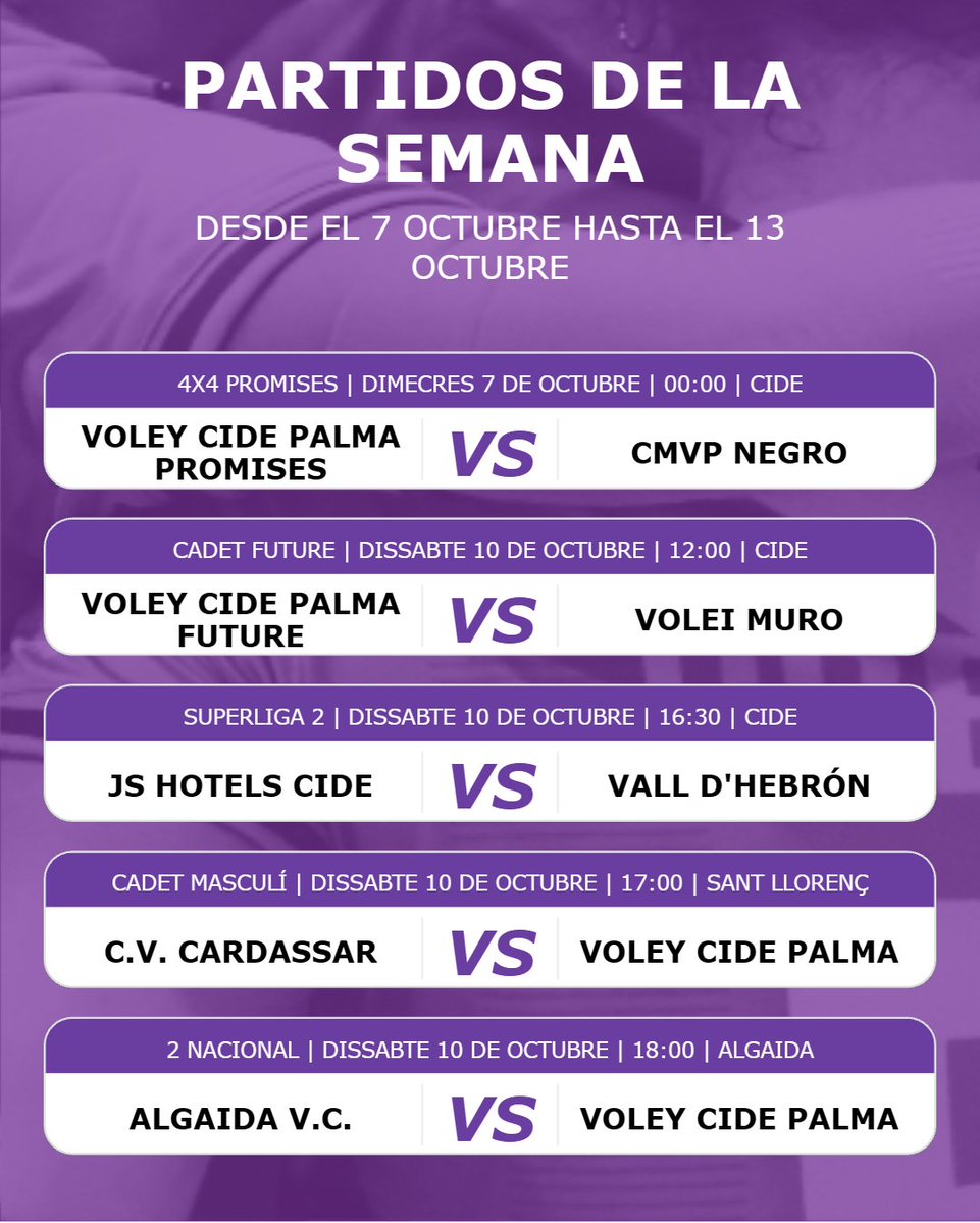 VoleyCiutatCide's tweet photo. Horaris dels pròxims partits📆
#voleiboldecanostra #vòleicide #esportsmallorca #VoleyBase #esforç
@jshotels @fisiosens.es @fundacionpalmafutsal @cbdeporte @conectabalear @esports_ib @esportsmallorca @ime.palma @esports_ib @fedvbib @crossfitsembat @cide.cooperativa https://t.co/hvL1JPidSF