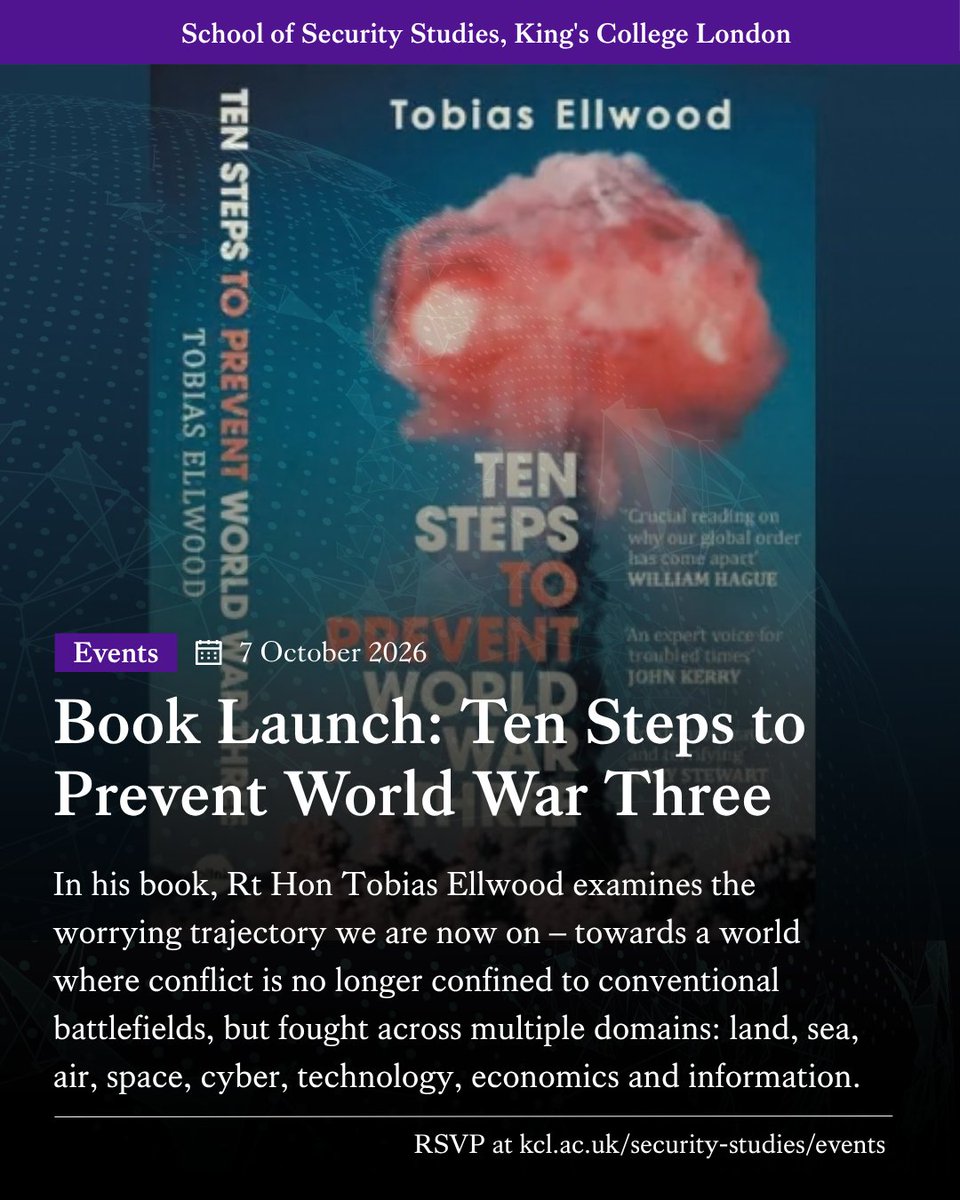 warstudies's tweet photo. ⏰ TOMORROW 📕 Book Launch!
The boundaries between peace and war are increasingly blurred. Rt Hon Tobias Ellwood examines how conflict has moved beyond battlefields, and outlines a roadmap to step back from the brink.
🗓️7 Oct | 18:00-19:30 |📍Strand Campus
https://t.co/N71K5Dk0kc https://t.co/U41AgfvUsY