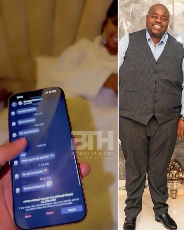 A split image showing a phone displaying Instagram DMs from "Wicknell Chivayo" pleading "You are so beautiful" on the left, alongside a photo of Wicknell Chivayo in a dark vest and trousers on the right, illustrating the viral story of a Tanzanian man discovering the Zimbabwean businessman's flirtatious messages to his girlfriend.