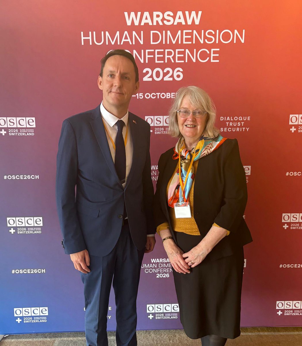 IrelandOSCE's tweet photo. Day 1 of the Warsaw Human Dimension Conference for Director of Human Rights, Jackie O’Halloran, and Ambassador Brian Flynn: 

🔹Opening statement 
🔹Meetings with @eu_eeas, @osce_odihr and @FrontLineHRD 
🔹Moderating an event on 🇷🇺 violations in 🇺🇦

👉 https://t.co/dM1YCs6y3K https://t.co/Szi4LeQPRB