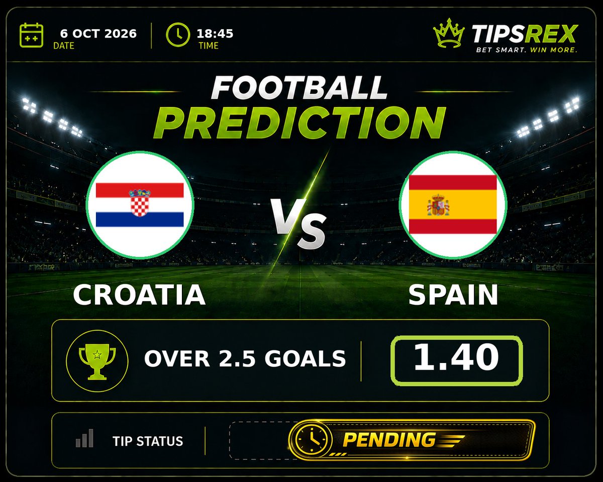 Tipsrex's tweet photo. 🔥 Croatia vs Spain
🏆 UEFA Nations League
📊 Over 2.5 goals @ 1.40
➕ Spain to win 1st half @ 1.65
🚩 Corners: Over 9.5 @ 2.03
🟨 Cards: Over 2.5 @ 1.57

Croatia have conceded 20 goals in eight games and Spain have scored in every single match during their winning run, so the hosts will almost certainly need to score at least twice to take anything from this. Spain's last three games produced 3, 4 and 5 goals respectively, and the reverse fixture finished 4-1. The only way this stays under 2.5 is if Spain declare at 2-0, which they have shown no inclination to do.

#Croatia #Spain #UefaNationsLeague #betting #footballtips
@Tipsrex