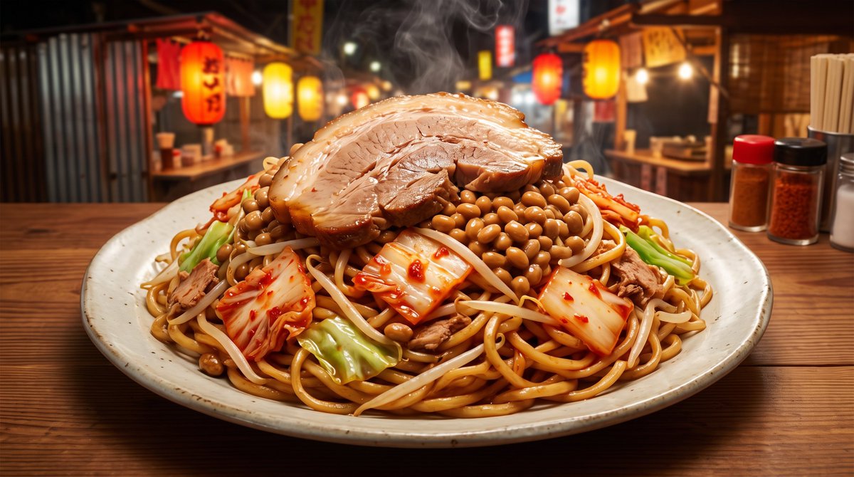mm_kyun__'s tweet photo. 満腹濃厚豚ラーメン×白菜キムチ2P×北海道小粒納豆×ごま油で豚キム納豆焼きそば🔥 ①ラーメン麺と具をチン ②キムチ、納豆、ごま油を混ぜる ③器に盛りチャーシューを乗せ完成 ※Gemini作成の架空レシピです #Geminiで生成ローソンバズ飯 https://t.co/lpmVefv9Na