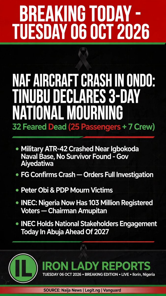HalimatM50539's tweet photo. > 🔴 TUESDAY 06 OCT: NAF aircraft crashes in Ondo, 32 feared dead. Tinubu declares 3-day mourning. No survivor – Gov Aiyedatiwa 🖤🇳🇬 #OndoCrash #IronLadyReports https://t.co/HHLMmlaJqy