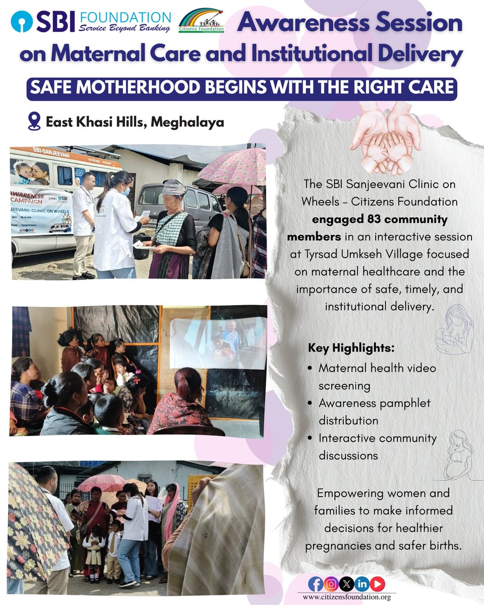 citizens_cf's tweet photo. 🤰 Empowering Mothers, Strengthening Communities! ❤️🩺

The @SBI_FOUNDATION Sanjeevani Clinic on Wheels team of @citizens_cf, East Khasi Hills, conducted an awareness session on Maternal Care & the Benefits of Institutional Delivery at Tyrsad Umkseh Village, engaging 83 community members, including pregnant women, ASHAs, Anganwadi workers, the Village Secretary and VHC members. Through interactive discussions, a maternal health video and informative pamphlets, the session promoted informed choices, timely care and safer motherhood. 🏥📖

Citizens Foundation continues to take essential health awareness closer to communities, because every mother deserves the right information and every birth deserves a safe beginning.🌱🤝

@GaneshReddys7 @MeghalayaGov @meghalayahealth 
#CitizensFoundation #SBIFoundation #SanjeevaniClinicOnWheels #CFat29 #MaternalHealth #SafeMotherhood #InstitutionalDelivery #CommunityHealth #HealthAwareness #WomenHealth #EastKhasiHills #Meghalaya #HealthcareForAll #EmpoweringCommunities