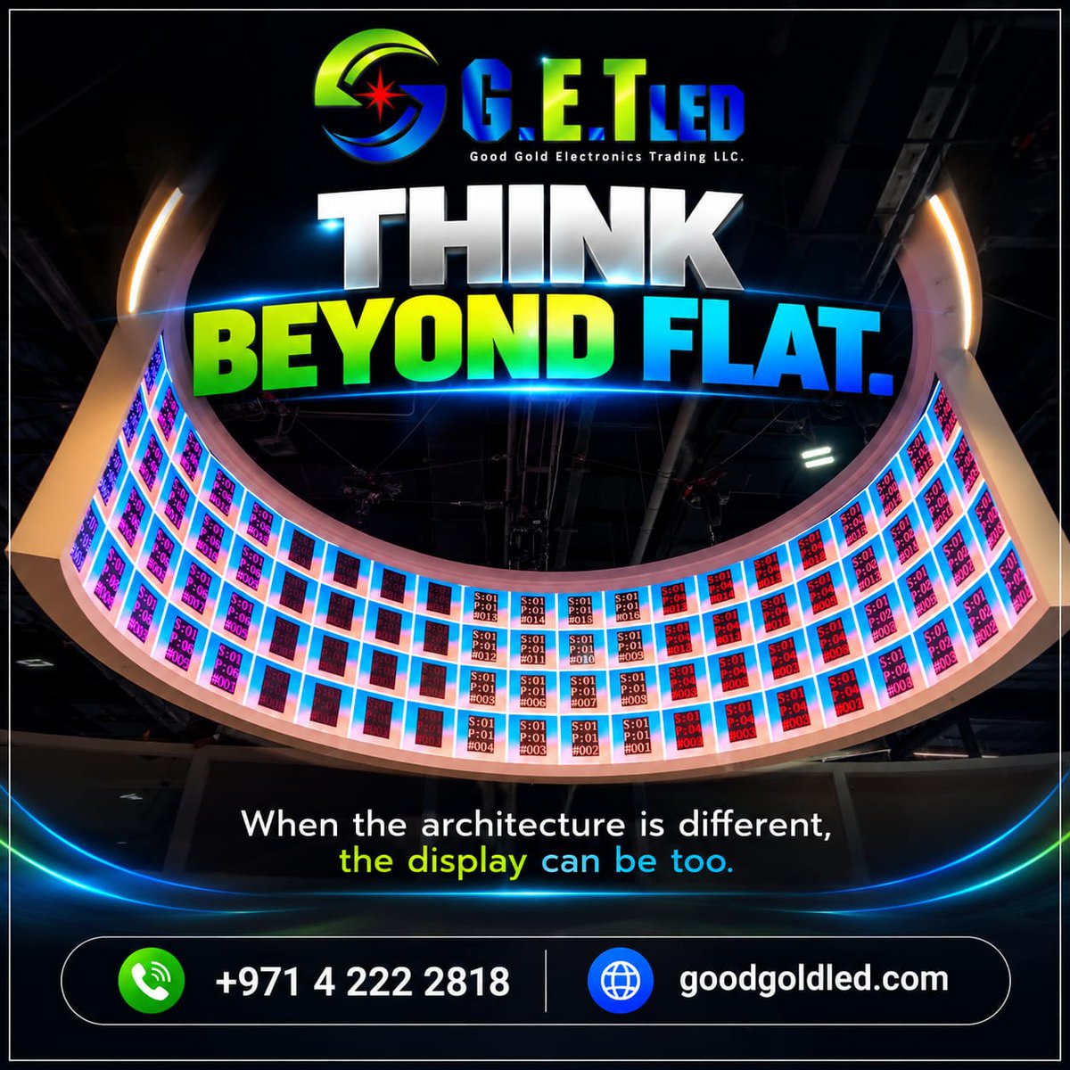 GoodGoldLed's tweet photo. Think your space is too awkward for a screen? 😏
Curved &amp; flexible LED follows your architecture, not the other way round.
DM us your toughest wall, pillar or corner. We love a challenge.
📞 +971 4 222 2818 | https://t.co/JL8sRvANXn https://t.co/Jjyg2XlR57
