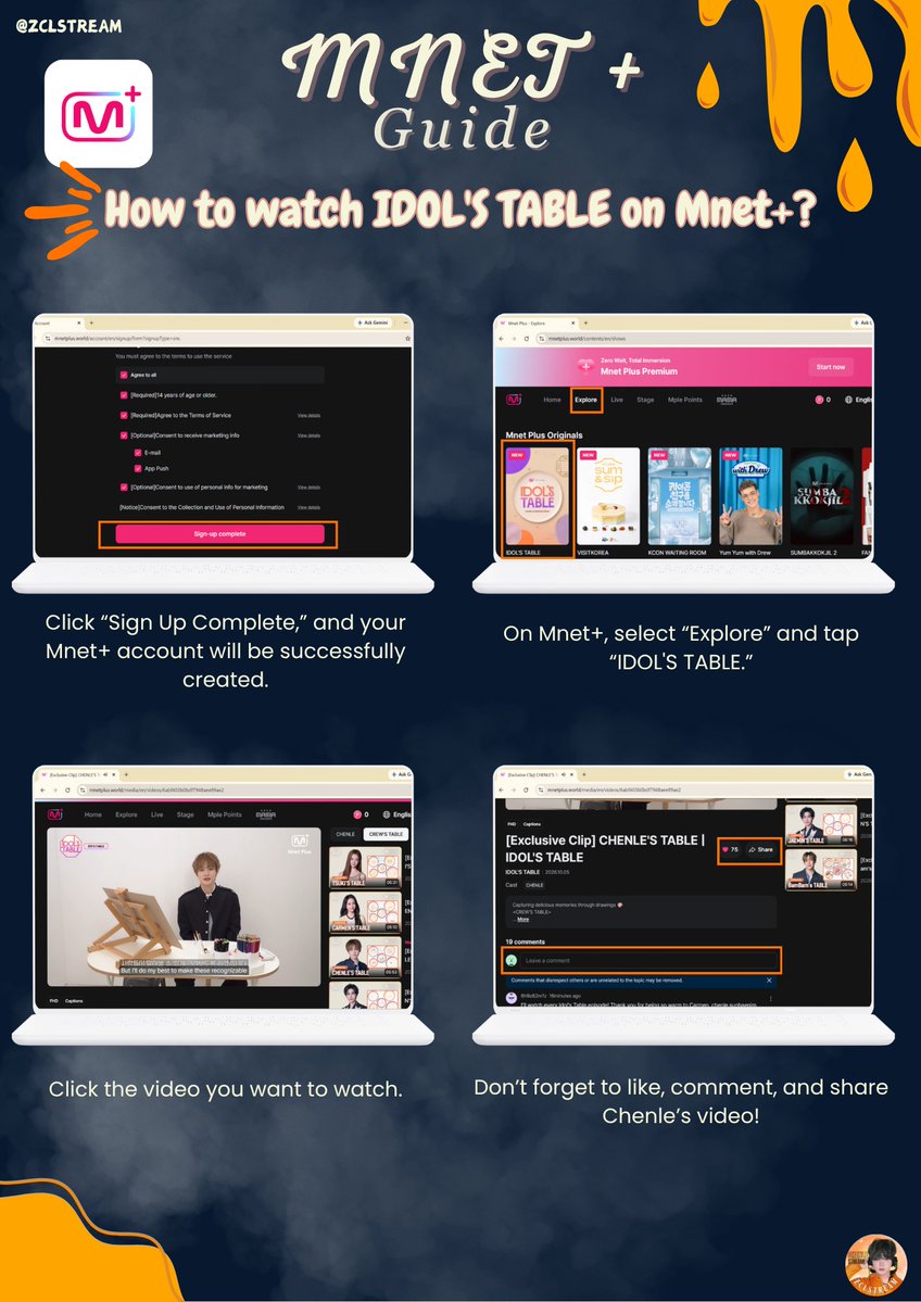 ZCLSTREAM's tweet photo. Hello lilsuns! 💙

Here’s a quick guide on how to watch #CHENLE on IDOL’S TABLE via Mnet Plus on your phone or laptop/PC 🦐🍲

#BeautifulTimeWithCHENLE
#ZCLSTREAMGUIDE 
#천러 #辰乐 #チョンロ https://t.co/2UjUUxNHnn