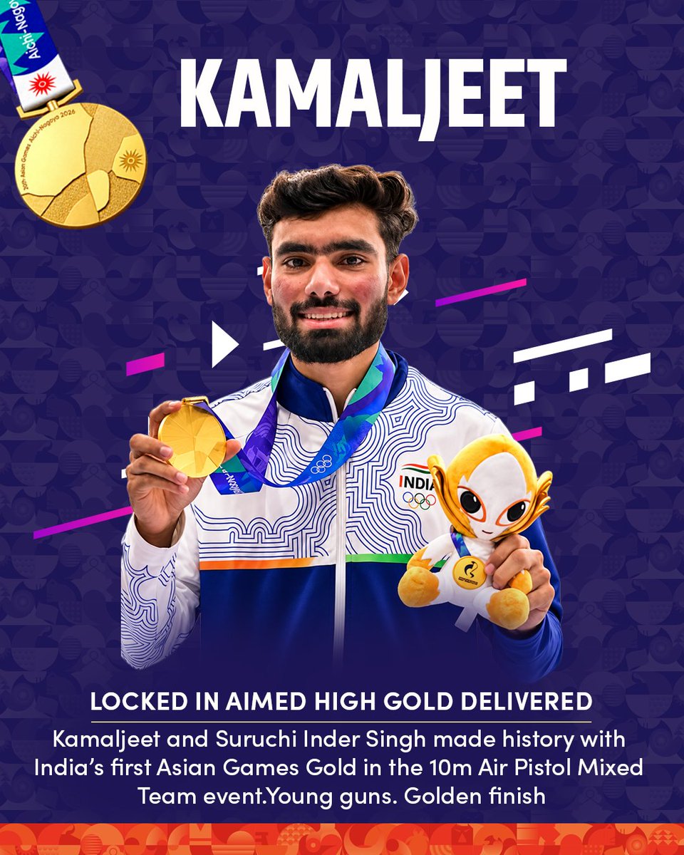 MYBharatHQ's tweet photo. First shooting Gold of the Games. First-ever Asian Games Gold for India in the event. 🇮🇳🥇

Suruchi Inder Singh and Kamaljeet delivered when it mattered most in the 10m Air Pistol Mixed Team.

Golden energy, all the way!

#BharatKiYuvaShakti #MYBharat https://t.co/nyHHitqHv1