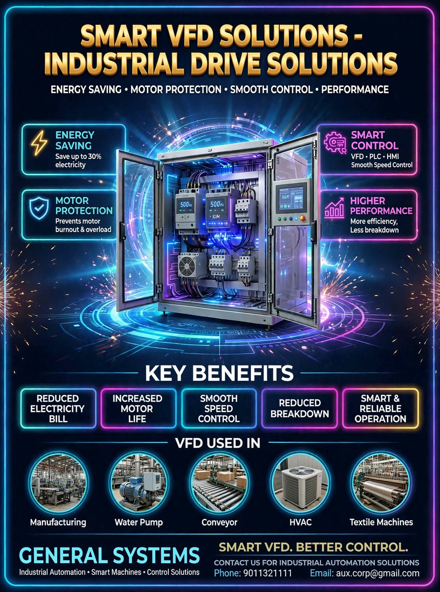 GeneralContext's tweet photo. SMART VFD. BETTER CONTROL. ⚡️

Industrial Drive Solutions for every factory.
VFD Used In: Manufacturing, Pumps, Conveyor, HVAC, Textile.

Contact: General Systems - 9011321111
#Automation #VFD

#VFD #Malegaon https://t.co/qfkaHdOmrW