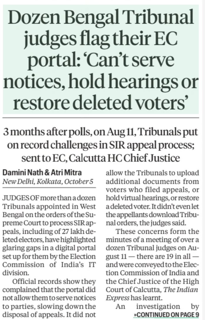 SalmanSoz's tweet photo. This is outrageous!

According to this @IndianExpress report:

The Supreme Court created tribunals to protect voters wrongly deleted during West Bengal SIR.

The Election Commission provided a portal that judges say couldn't serve notices, couldn't hold virtual hearings, couldn't upload documents and couldn't even restore a voter after a Tribunal ordered restoration.

27.16 lakh voters were deleted. 38.31 lakh appeals (16.1 lakh by the ECI against inclusions). The judges themselves say the EC's system was obstructing the appeal process.

First you delete the voter. Then you make it difficult for the voter to get justice.

What kind of Election Commission runs an electoral system like this? At whose behest? We need answers!
@ECISVEEP @PMOIndia @kharge @RahulGandhi