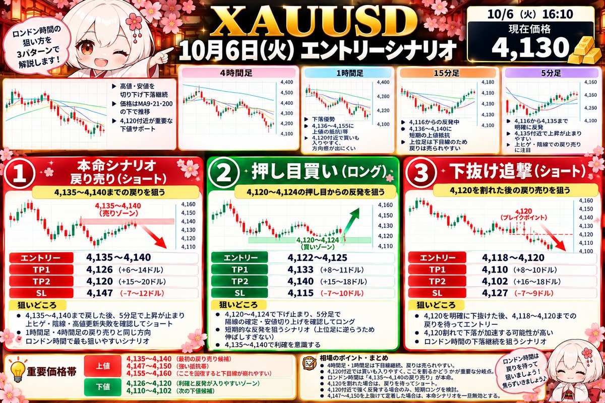 anco_mgmg_fx's tweet photo. ――――――――――――――
🍡 10月6日（火）16:10｜XAUUSD ロンドン時間分析
――――――――――――――

現在価格：4,130前後

まず値幅から見ると、今日はすでに4,116付近まで下落したあと4,135付近まで約20ドル反発しています。
つまり「一方向に落ち続けている相場」ではありません。
上位足は下、短期足は反発中。
この乖離があるので、現在価格4,130付近から売るより、戻ったところを待ってショートするほうが狙いやすいです。

━━━━━━━━━━━━━━━━━━
🍡 4時間足
━━━━━━━━━━━━━━━━━━
大きな流れは下落継続です📉
9月後半から高値・安値を切り下げており、現在価格は4,130前後。

価格は4,154前後、4,226前後、4,288前後の主要な上値帯をすべて下回っています。
特に4,200台を回復できないまま安値圏で推移しているため、4時間足ではまだ「押し目買い」より「戻り売り」を考えやすい形です。
ただし4,120〜4,130では何度か買い戻しが入っています。

ここは下値の重要帯。

4,120を明確に割るまでは、一度反発してから再び売られる展開も考えておきます。

4時間足のポイント
・大局は下方向
・4,150〜4,160を回復できない限り売り優勢
・4,120前後が重要な下値
・4,120割れなら4,100方向への余地が広がる

━━━━━━━━━━━━━━━━━━
🍡 1時間足
━━━━━━━━━━━━━━━━━━

1時間足も下落優勢です。
直近では4,160台から4,120台まで高値を切り下げながら下落。
現在価格4,130前後に対して、上には4,136〜4,155付近まで複数の抵抗候補があります。
つまり上昇しても「戻り」として売られやすい位置です。
一方、4,120台では何度も下げ止まっています。
そのため4,120〜4,155は、買いと売りがぶつかりやすい範囲。
真ん中の4,128〜4,133付近は方向感が出にくいため、ここから無理に入る必要はありません。

━━━━━━━━━━━━━━━━━━
🍡 15分足
━━━━━━━━━━━━━━━━━━

15分足では短期的な反発が始まっています📈

4,116付近まで急落したあと買い戻され、4,134付近まで上昇。
現在は4,130付近です。
ここが今日の重要ポイント。
上位足は下落ですが、15分足では安値から反発しているため、現在価格からショートすると反発に巻き込まれやすいです。

上にはまず4,136〜4,140。

さらに4,147〜4,150付近に抵抗があります。
したがってロンドン時間では、「上がったら売る」を基本に考えます。

━━━━━━━━━━━━━━━━━━
🍡 5分足
━━━━━━━━━━━━━━━━━━

5分足では4,116付近から4,135付近まで明確に反発しています。
安値切り上げも確認でき、短期だけを見ると買いが優勢。
ただし4,135付近で上昇が止まり始めています。

このため、

4,135〜4,140で上昇が止まる
↓
上ヒゲ・陰線・高値更新失敗
↓
再び4,130を割る

この形になれば、本命ショートが狙いやすくなります。
逆に4,140を勢いよく突破した場合は、4,147〜4,150まで戻す可能性があります。

━━━━━━━━━━━━━━━━━━
🔴 シナリオ① 本命｜戻り売り
━━━━━━━━━━━━━━━━━━

エントリー候補
4,135〜4,140

TP1：4,126
TP2：4,120
SL：4,147

狙い方：
4,135〜4,140まで戻したあと、5分足で上昇が止まり、上ヒゲ・陰線・高値更新失敗などを確認してショート。

今回もっとも狙いやすいシナリオです。

TP1は欲張らず4,126。

TP2は直近の買いが入りやすい4,120で一度利益を残す設定です。

━━━━━━━━━━━━━━━━━━
🔴 シナリオ②｜4,120下抜けショート
━━━━━━━━━━━━━━━━━━
4,120を明確に割った場合です。
エントリー候補
4,118〜4,120への戻り
TP1：4,110
TP2：4,102

SL：4,127

重要なのは4,120を割れた瞬間に飛び乗らないこと。

一度4,118〜4,120付近へ戻り、それでも上に戻れないことを確認してから狙います。
4,120は何度も買いが入っているため、ここを崩せれば下落が加速する可能性があります。

━━━━━━━━━━━━━━━━━━
🟢 シナリオ③｜短期反発ロング
━━━━━━━━━━━━━━━━━━

ロングは本命ではありません。
ただし4,120〜4,124まで押して、再び明確に買い戻された場合だけ短期反発を狙えます。

エントリー候補
4,122〜4,125

TP1：4,133

TP2：4,140

SL：4,115
これは上位足に逆らうロングなので、伸ばしすぎないことが重要。
4,135〜4,140まで来れば、今度は戻り売りが入りやすい価格帯になります。

━━━━━━━━━━━━━━━━━━
⚠️ 本命が崩れる条件
━━━━━━━━━━━━━━━━━━

4,140を上抜けただけでは、まだ下目線を完全には変えません。
ただし4,147〜4,150まで突破し、その上で価格が定着した場合は本命の戻り売りを一旦無効にします。
その場合は4,155〜4,160方向への戻しを警戒します。
━━━━━━━━━━━━━━━━━━
💡 今日の重要価格
━━━━━━━━━━━━━━━━━━

上値

4,135〜4,140
→ 最初の戻り売り候補
4,147〜4,150
→ 強い抵抗候補
4,155〜4,160
→ ここを回復すると短期の売り優勢が崩れやすい

下値

4,126〜4,120
→ 利確と反発が入りやすいゾーン
4,120
→ 今日の重要な分岐点
4,110〜4,102
→ 4,120割れ後の次の下値候補

━━━━━━━━━━━━━━━━━━
🍵 まとめ
━━━━━━━━━━━━━━━━━━

今日のゴールドの軸は戻り売りです。
4時間足・1時間足は下方向ですが、15分足・5分足では4,116付近から反発しています。
そのため、上位足と短期足が現在は逆向きです。
現在の4,130前後は売るにも買うにも中途半端。
本命は4,135〜4,140まで戻したところからのショート。

戻らず4,120を割った場合は、下抜け後の戻りを待ってショート。
逆に4,120付近で再び強く買われるなら、4,133〜4,140までの短期ロングも候補です。

「下目線だから今すぐ売る」ではなく、どこまで戻れば売りやすいか。
今日はここを分けて考える相場です🍡