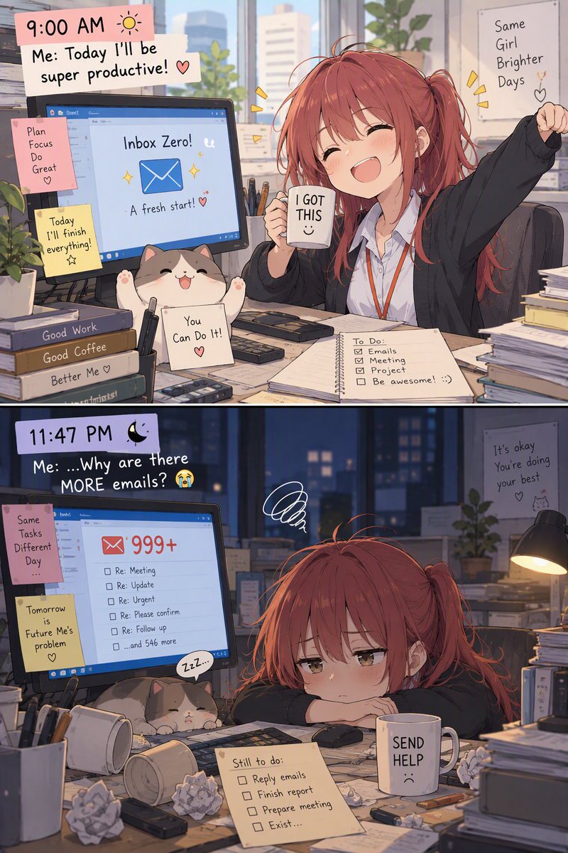 CarmenC27532365's tweet photo. Me at 9am: I'll clear all my emails today
Emails at 11:47 PM: cute here's 999 more
#OfficeLife #WorkMeme #RelatableAF #InboxZeroGoneWrong https://t.co/1eIjH8MIRM